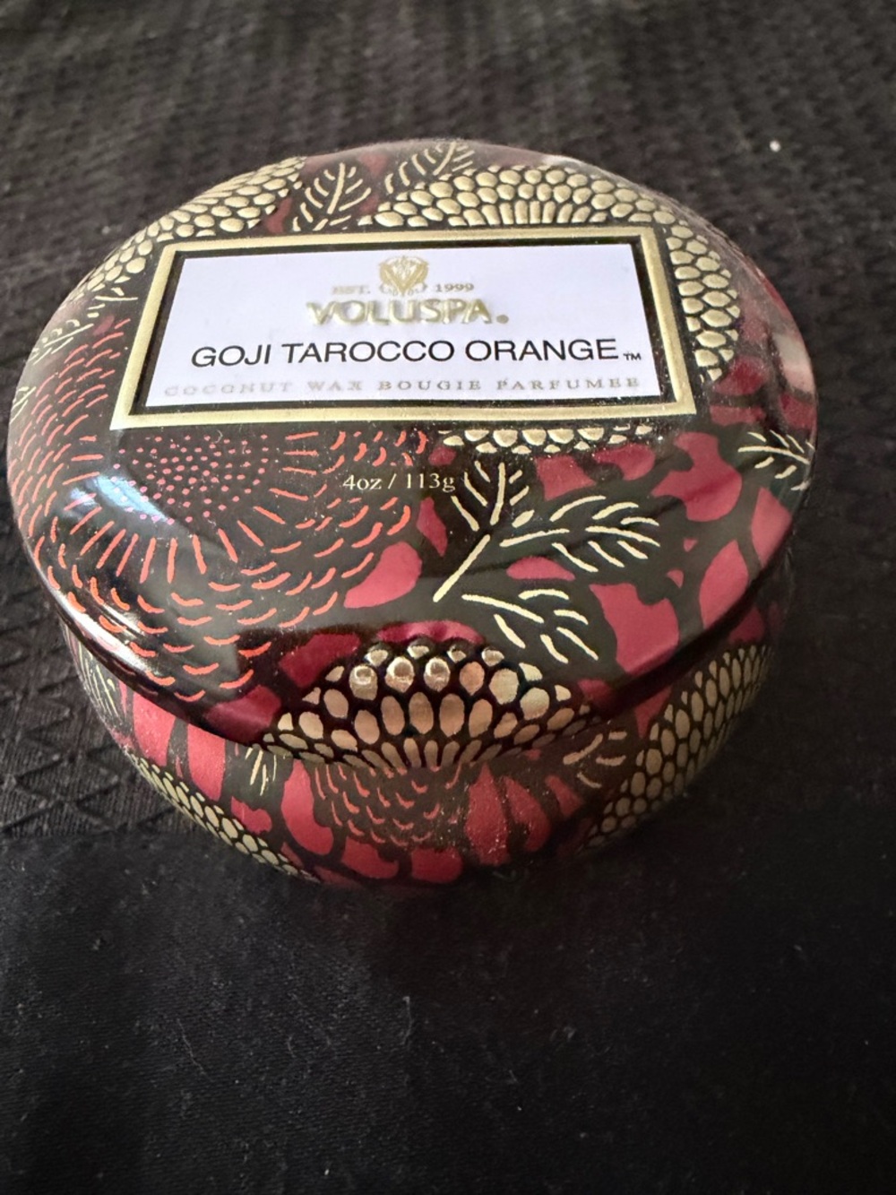 Voluspa Goji Tarocco Orange Decorative Tin Candle - Red & Gold Floral